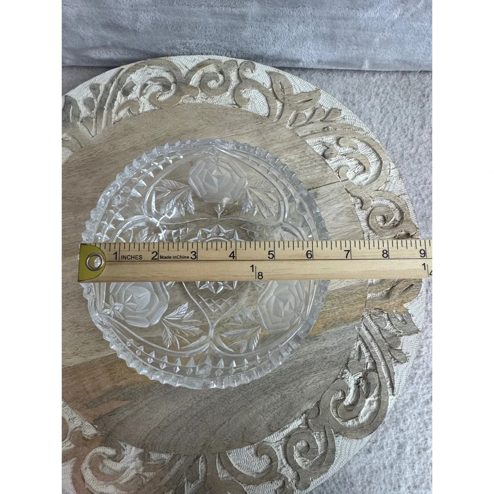 Vintage Frosted Rose Crystal Glass Bowl Scalloped‎ Floral Candy Dish 7